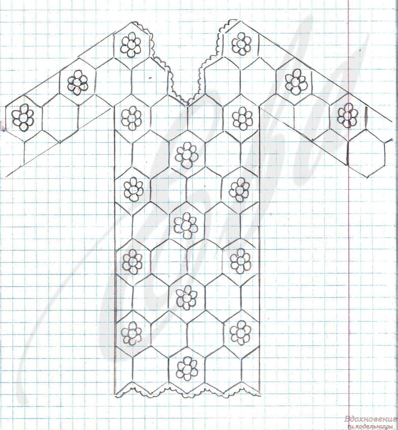 Раскладка шестиугольных мотивов крючком в кофточку