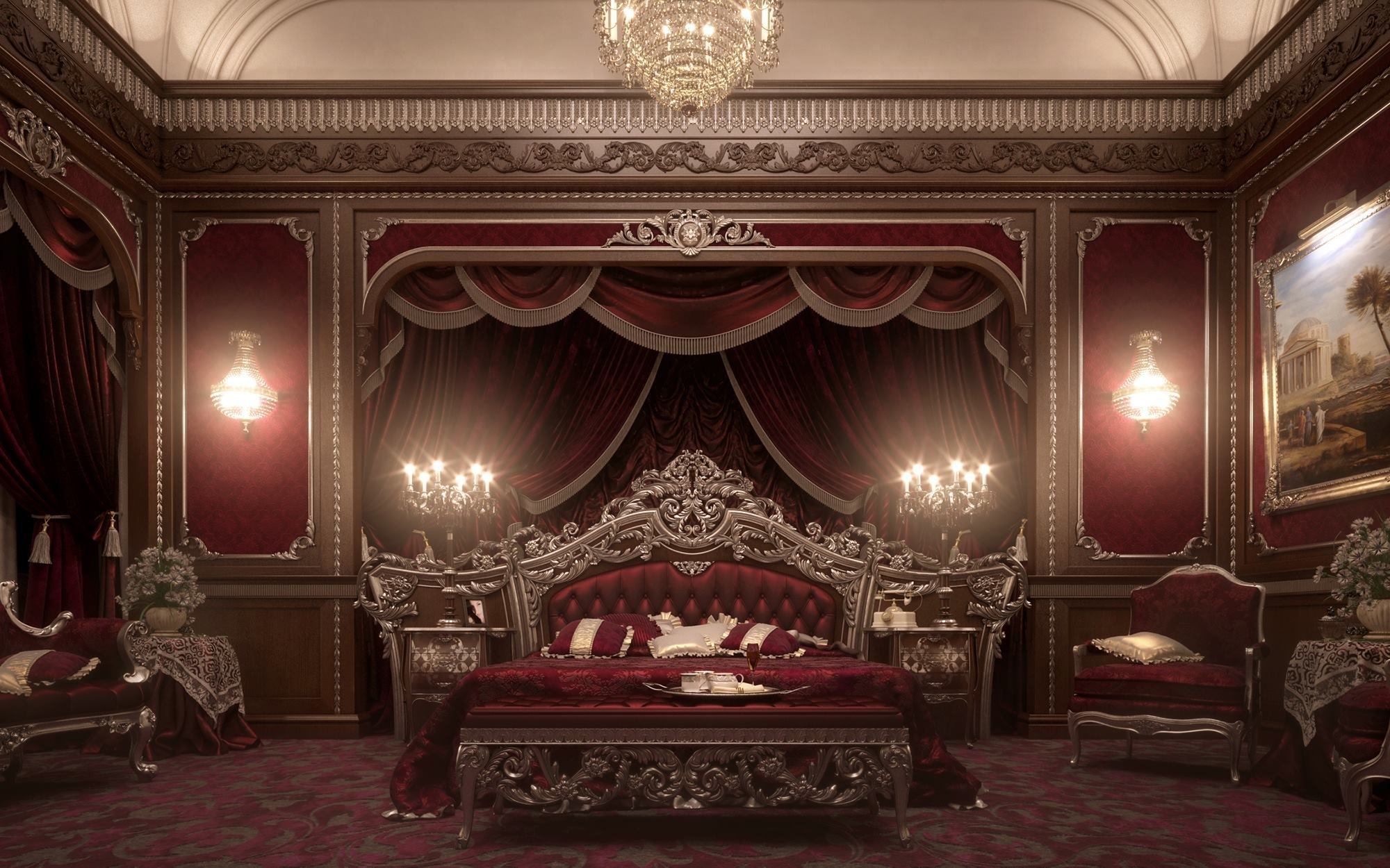 Royal bedrooms. Спальня в стиле Ампир Барокко темная. Королевский стиль Ампир. Имперский Ампир. Спальня Барокко красное дерево дворец.