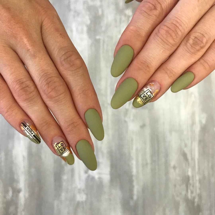 Оливковый маникюр на коротких ногтях