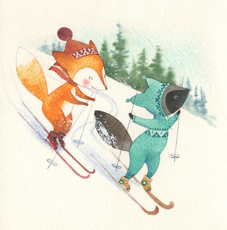 Дед мороз на лыжах открытка