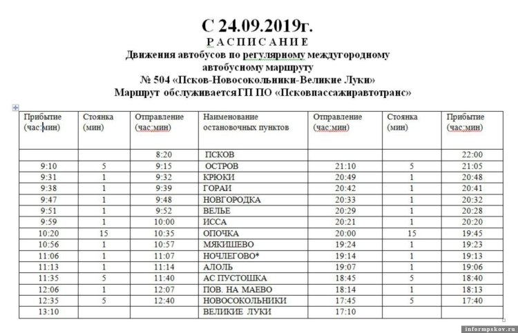 Расписание 110 автобуса Великие Луки