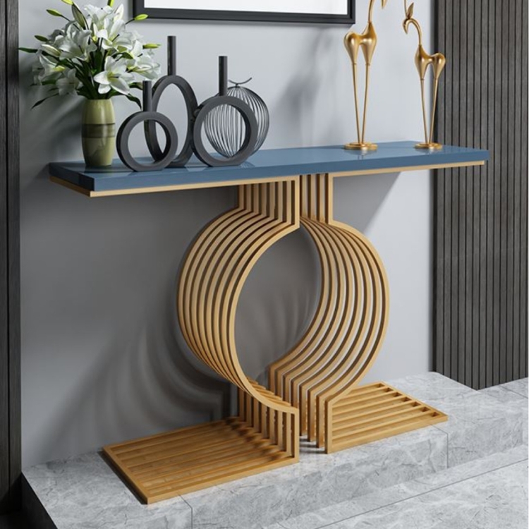 Black Solid Wood narrow Console Table Gold Metal Pedestal Hallway Table