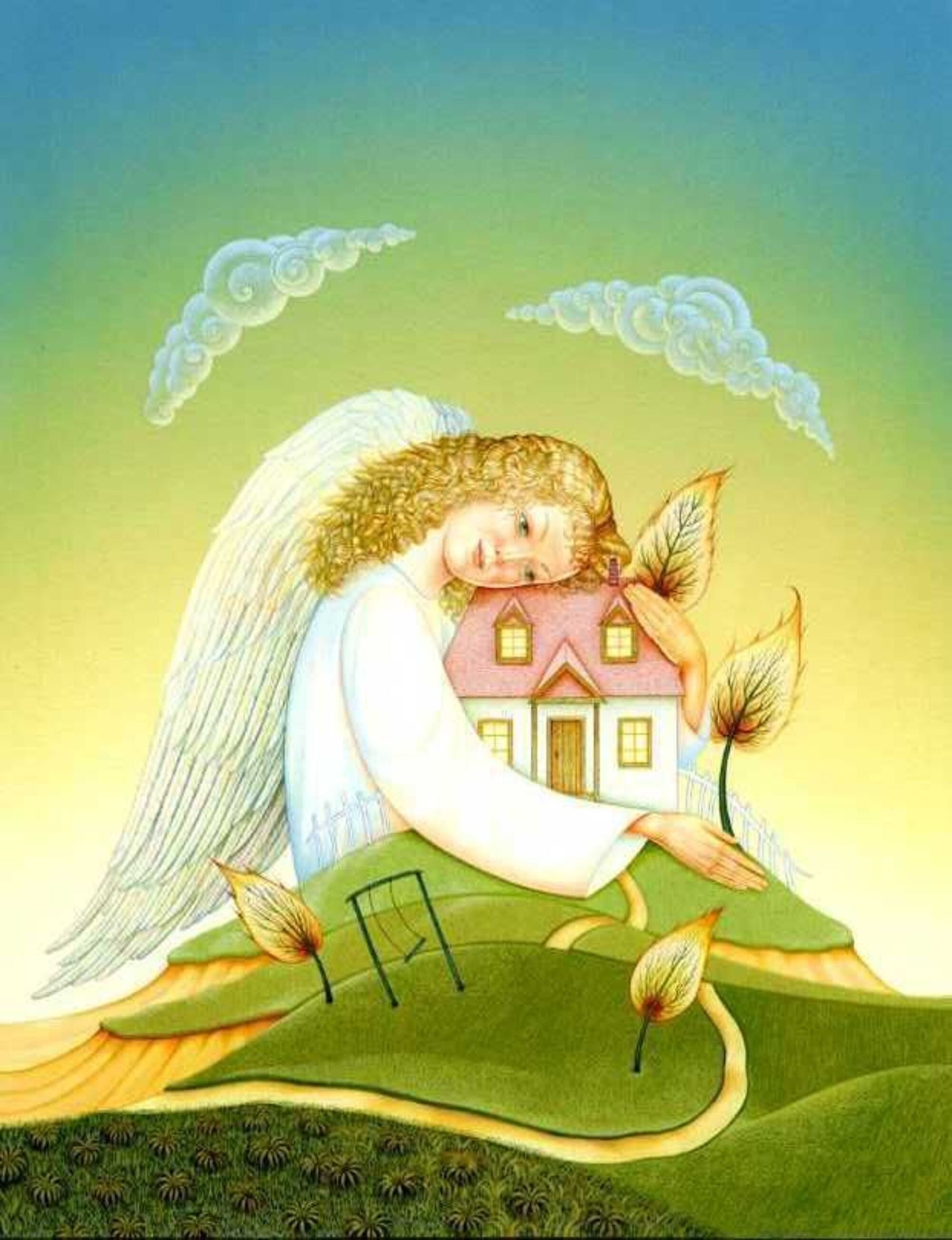 Открытки доброе утро с ангелами. Ангел над домом. Добрые иллюстрации ангел. Ангел охраняет дом. Ангел хранитель над домом.