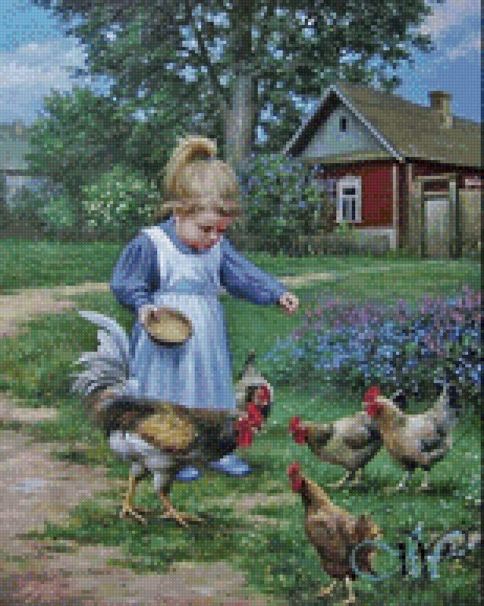 Картина дети кормят курицу. Доброе утро в деревне. Девочка с цыплятами живопись. Девочка кормит кур. Картины в деревенском стиле.