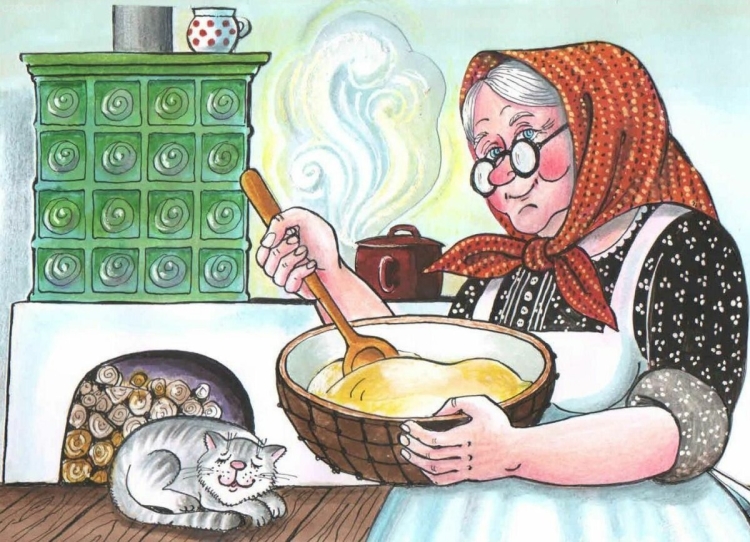 Бабушка печет блины