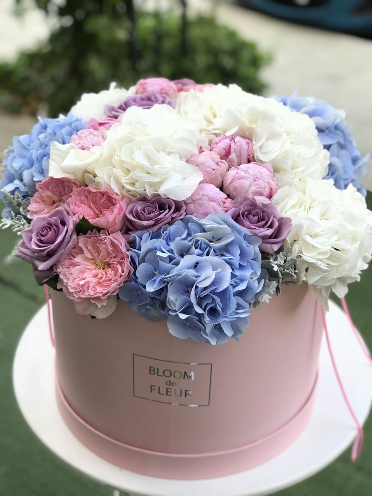 Коробка с гортензией и розами